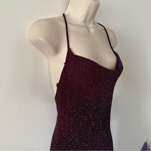 Vintage Y2K burgundy Shimmer Maxi Dress Spaghetti Strap Slit Back Size 9/10
